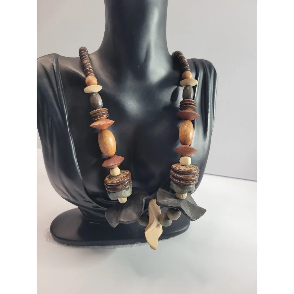 Earth Tone Chunky Statement Necklace Brown Orange Gray Beaded Boho Artisan Style